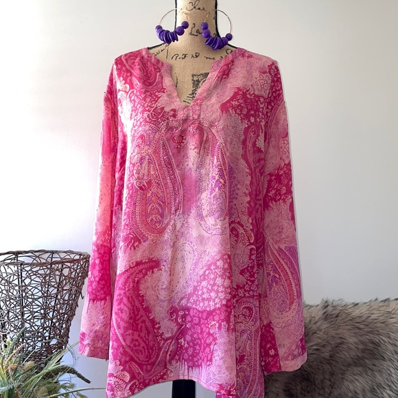 Zero Zero Tops - 🔵CURVY BOHEMIAN PINK PAISLEY WIDE SLEEVE TUNIC